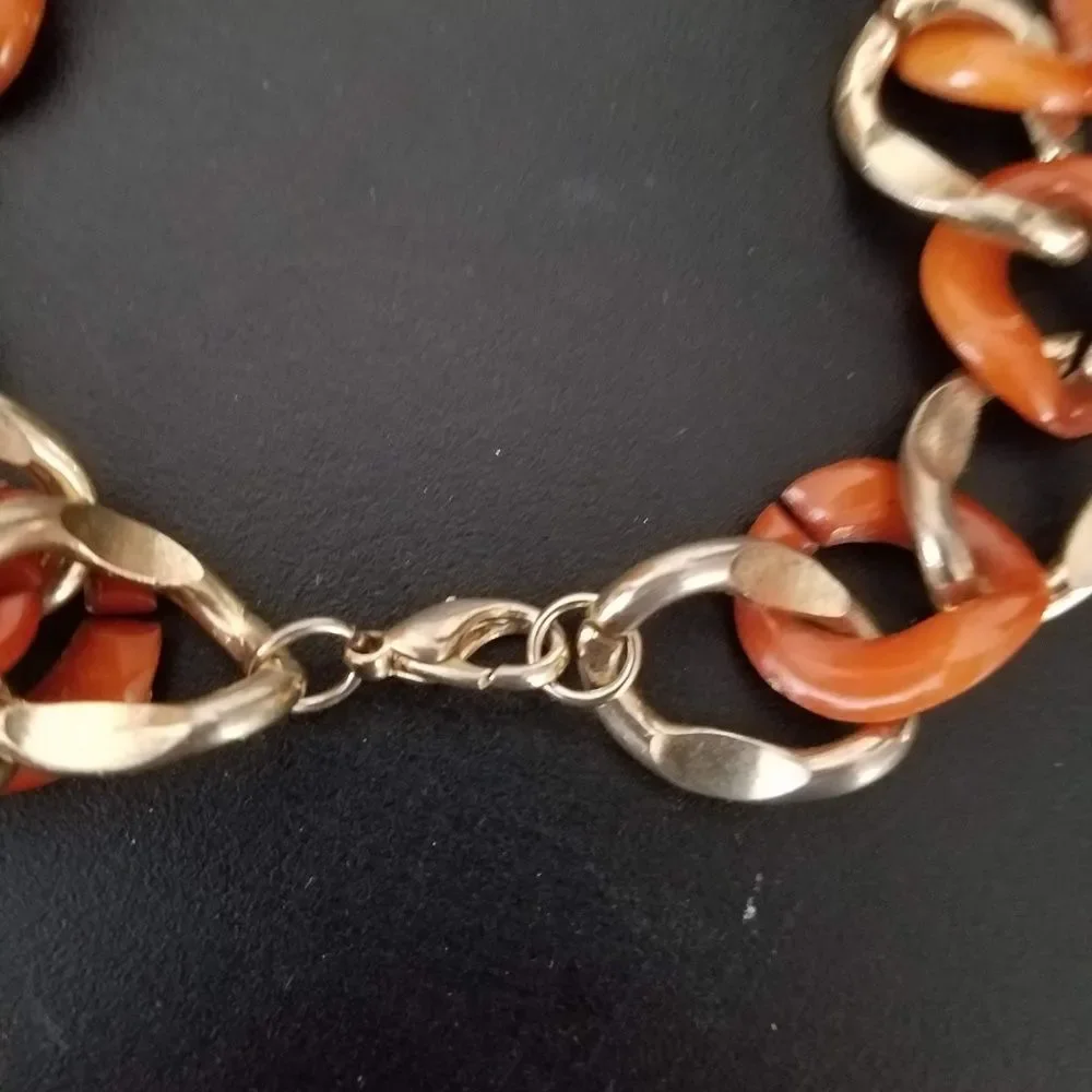 Chunky Gold Tone Link Necklace Coral Red Statement Jewelry Chain